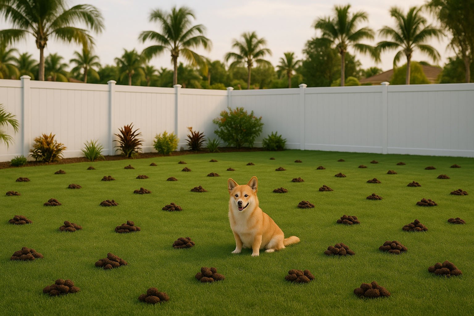 Corgi In Yard Surrounded by Dog Waste